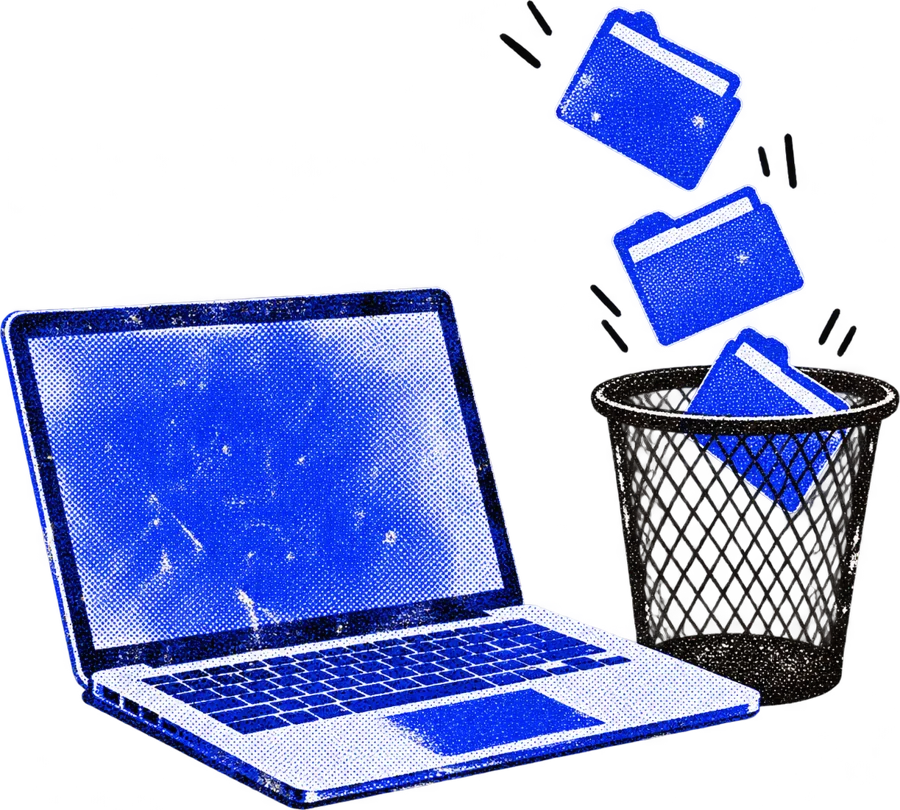 Folders tipping off a laptop into a trash can